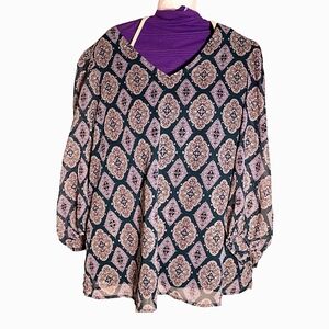 NINE WEST WOMENS MEDIUM NAVY BLUE & PURPLE FLORAL BLOUSE